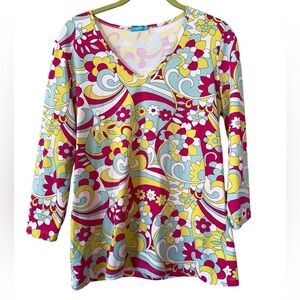 J McLaughlin Womens Catalina Cloth Top Size M Mod Floral Colorful Stretch Retro